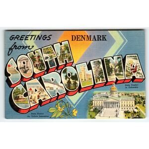 Greetings From Denmark South Carolina Large Big Letter Linen Postcard Unused